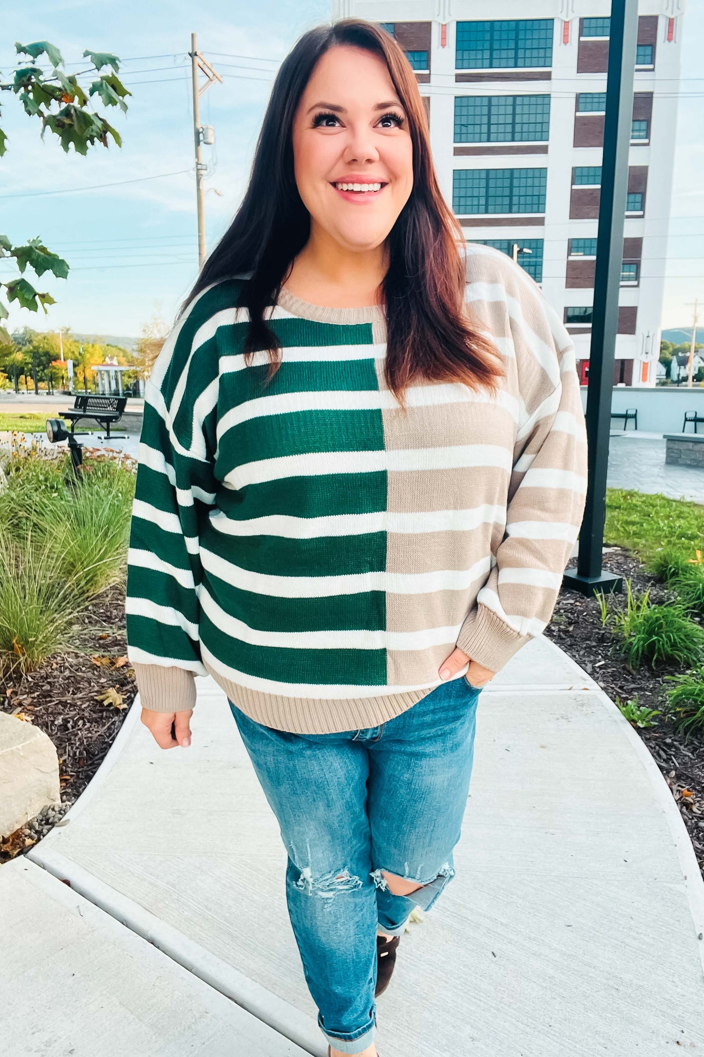 Hunter Green & Taupe Striped Color Block Sweater