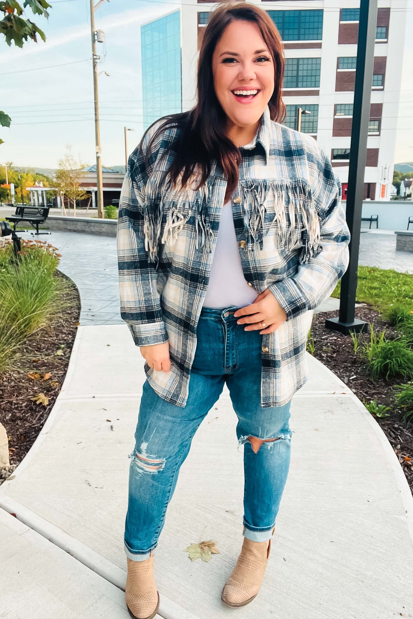 Boldly You Navy Plaid Fringe Button Down Shacket