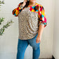 Rust & Khaki Geometric Animal Print Color Block Bubble Sleeve Top