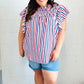 American Red White & Blue Stripe Shirred Yoke Neck Top