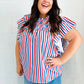 American Red White & Blue Stripe Shirred Yoke Neck Top