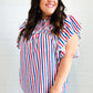 American Red White & Blue Stripe Shirred Yoke Neck Top