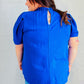 Lovely In Holiday Blue Frill Mock Neck Woven Top