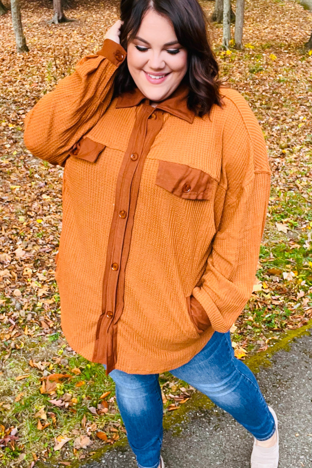 Only For You Rust Waffle Button Down Oversized Shacket