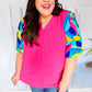 Tell Your Story Fuchsia Geo Print Puff Sleeve V Neck Top