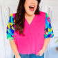 Tell Your Story Fuchsia Geo Print Puff Sleeve V Neck Top