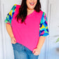 Tell Your Story Fuchsia Geo Print Puff Sleeve V Neck Top