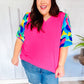 Tell Your Story Fuchsia Geo Print Puff Sleeve V Neck Top