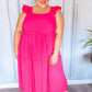 Lots To Love Fuchsia Smocked Flutter Sleeve Tiered Midi Dress