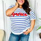 America Proud Blue Striped Embroidered Puff Sleeve Top