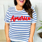 America Proud Blue Striped Embroidered Puff Sleeve Top