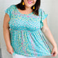 Turquoise Floral Stripe Babydoll Top