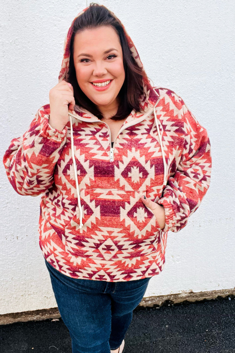 Fall For You Rust & Burgundy Aztec Half Zip High Neck Hoodie