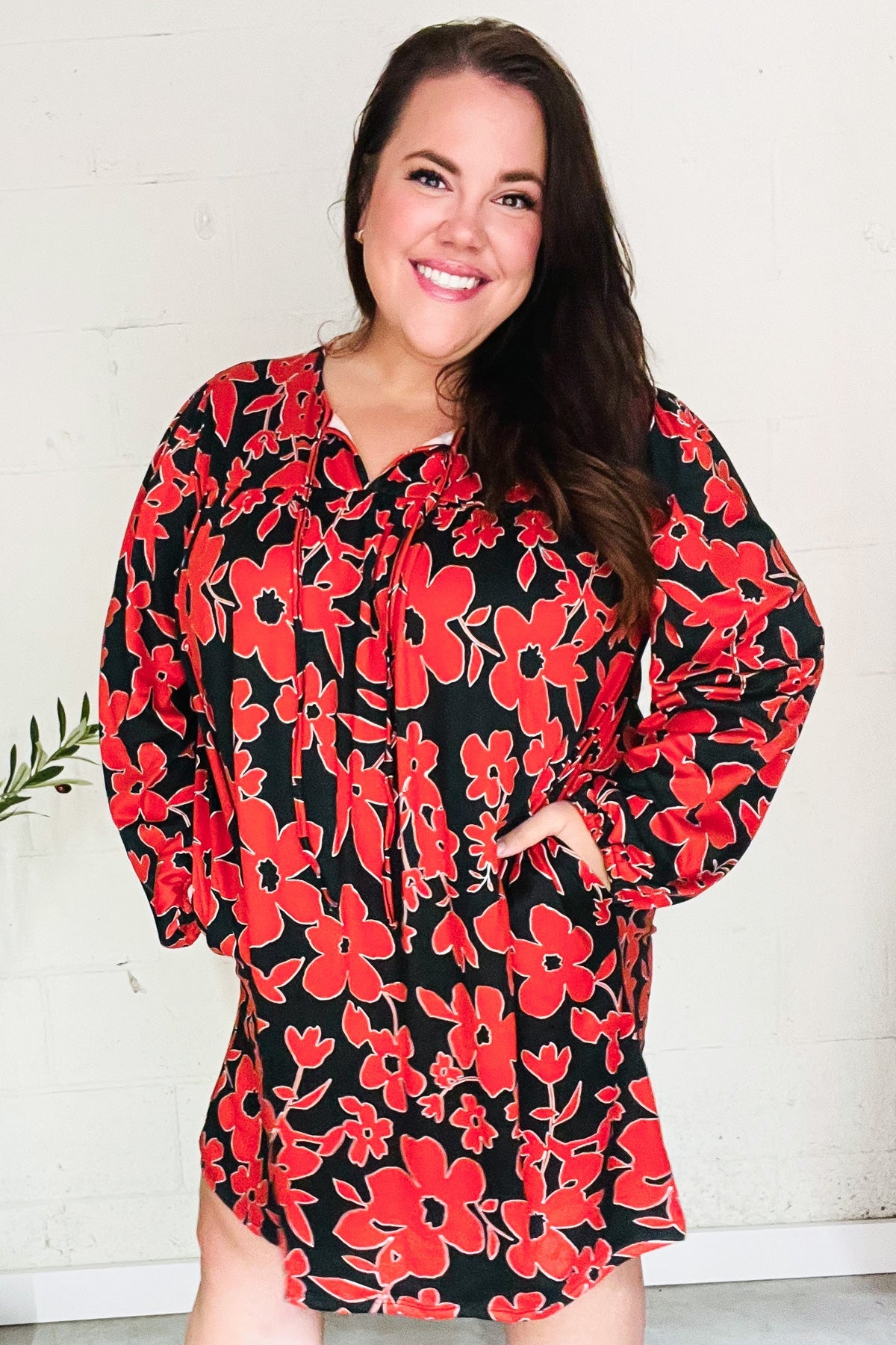 Boldly You Rust & Black Floral Print Front Tie Dress