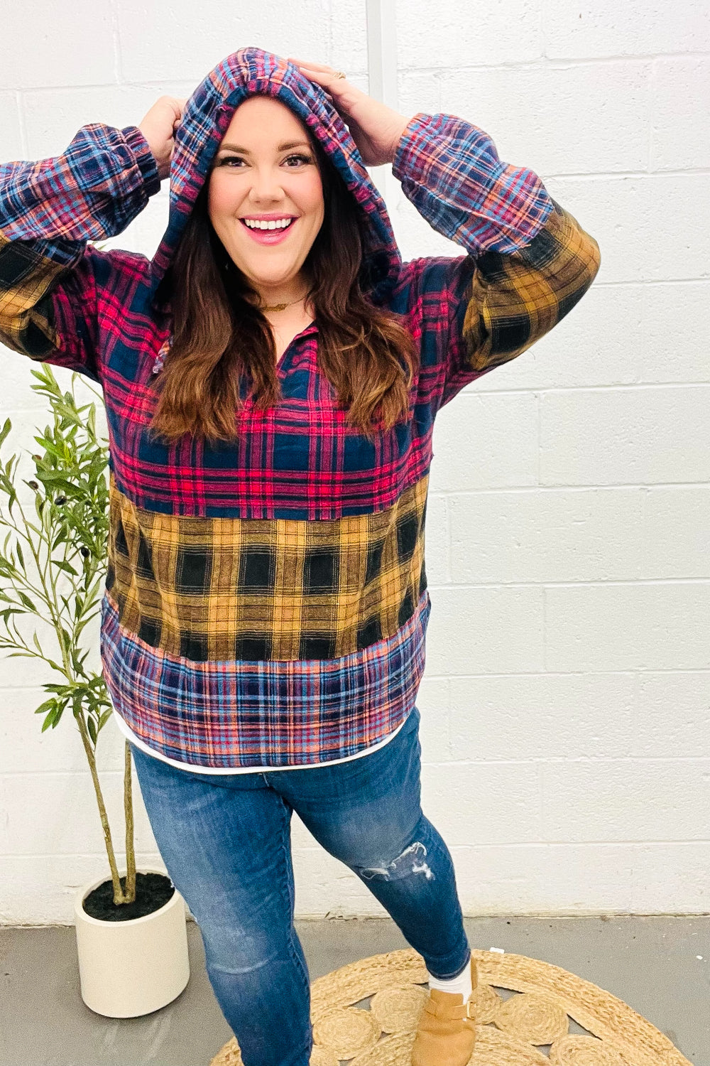 Holiday Ready Red & Mustard Plaid Notched Neck Flannel Hoodie