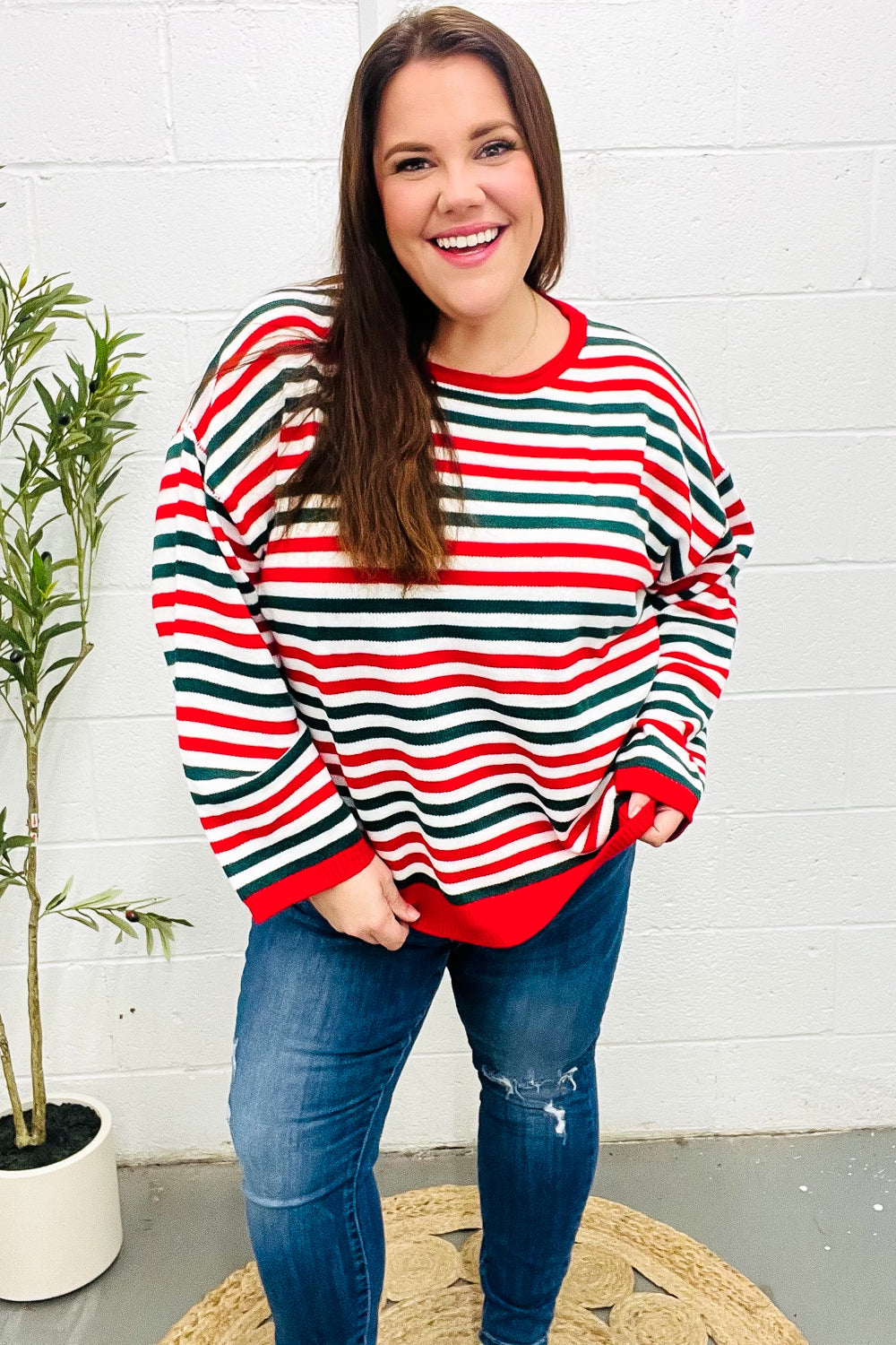 Christmas Red & Green Striped Oversized Knit Sweater