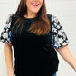 Feeling Glamorous Black Floral Sequin Puff Sleeve Velvet Top