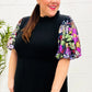 Black Floral Sequin Puff Sleeve Mock Neck Tiered Maxi Dress