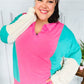 Stand Out Hot Pink & Mint V Neck Collared Terry Color Block Top