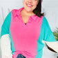 Stand Out Hot Pink & Mint V Neck Collared Terry Color Block Top