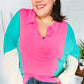 Stand Out Hot Pink & Mint V Neck Collared Terry Color Block Top