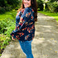 Lovely In Navy Floral Print Smocked Bubble Sleeve Woven Top