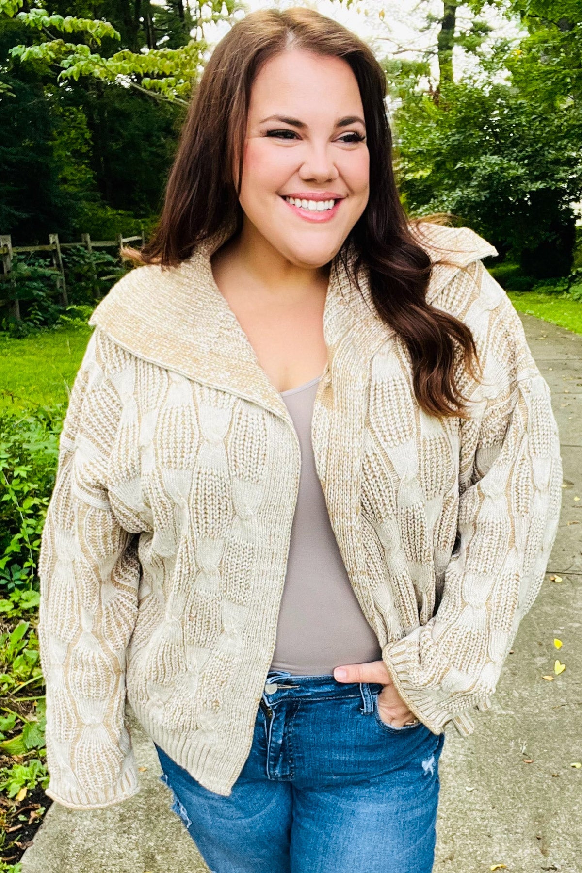 Autumn Vibes Taupe Textured Cable Knit Collared Cardigan