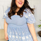 Just A Dream Blue Smocked Floral Embroidered Babydoll Top