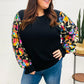 Diva Dreams Black Floral Sequin Mesh Sleeve Rib Knit Top