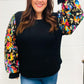 Diva Dreams Black Floral Sequin Mesh Sleeve Rib Knit Top