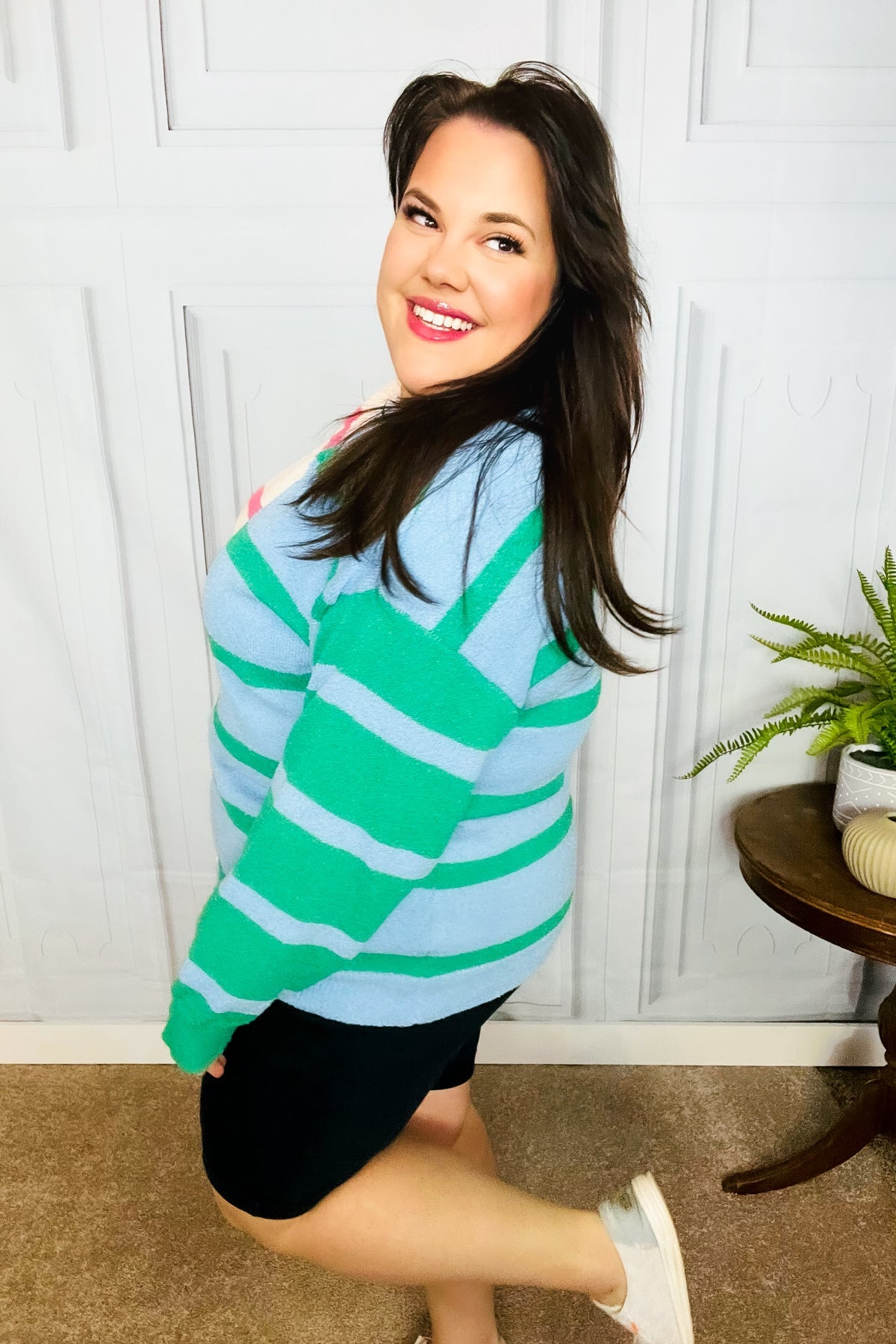 Perfectly Poised Blush & Blue Stripe Color Block Knit Sweater