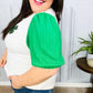 Lucky Sequin Clover Oatmeal Cable Knit Puff Sleeve Top