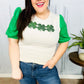 Lucky Sequin Clover Oatmeal Cable Knit Puff Sleeve Top