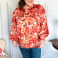 Fall Vibes Rust Floral Print Notched Neck Smocked Satin Top