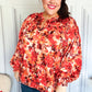 Fall Vibes Rust Floral Print Notched Neck Smocked Satin Top