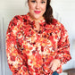 Fall Vibes Rust Floral Print Notched Neck Smocked Satin Top