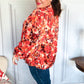 Fall Vibes Rust Floral Print Notched Neck Smocked Satin Top