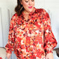 Fall Vibes Rust Floral Print Notched Neck Smocked Satin Top