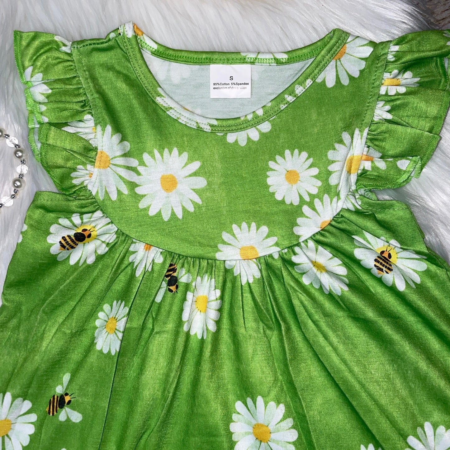 Faded Green Daisy Printed Flutter Sleeve Baby Doll Dress