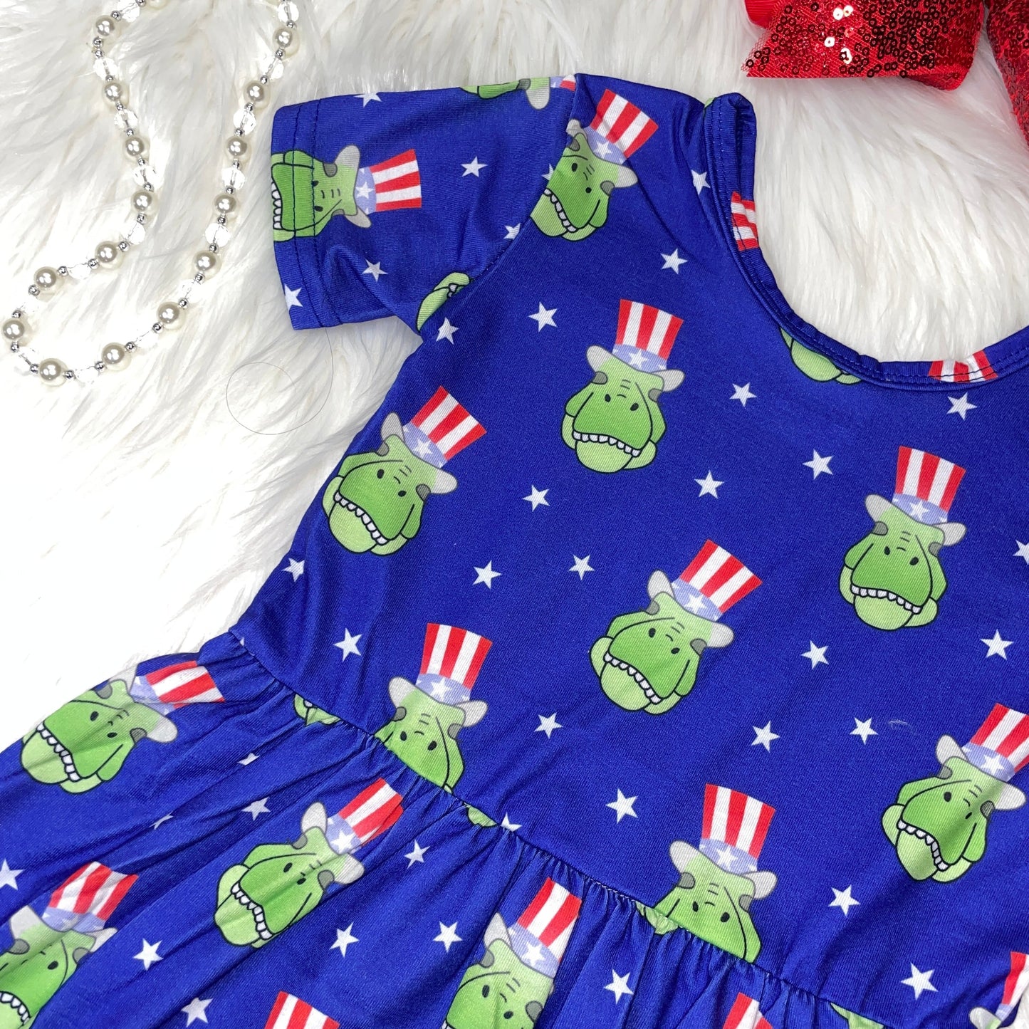 Americana T-Rex Dinosaur Printed Short Sleeve Dress