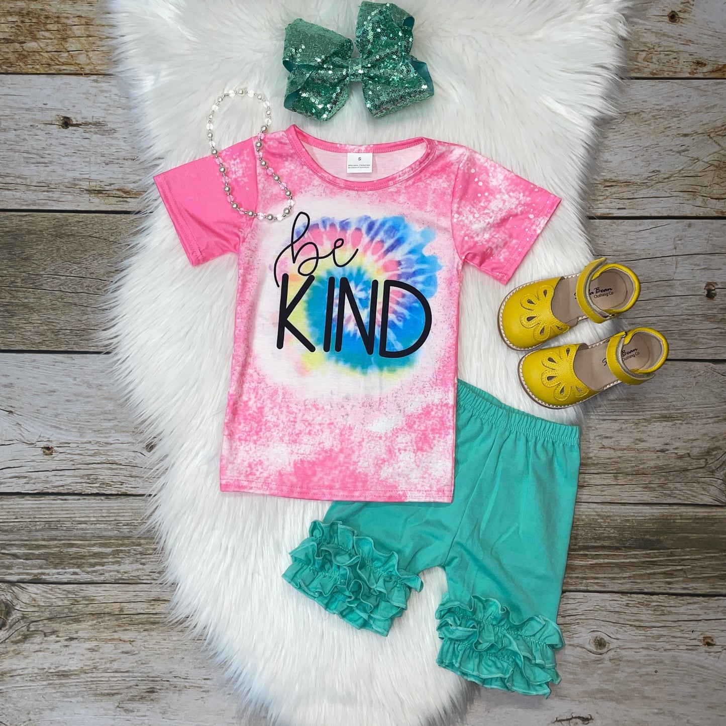 Be Kind Pink Bleach Splatter Look Tee and Aqua Icing Shorts Set