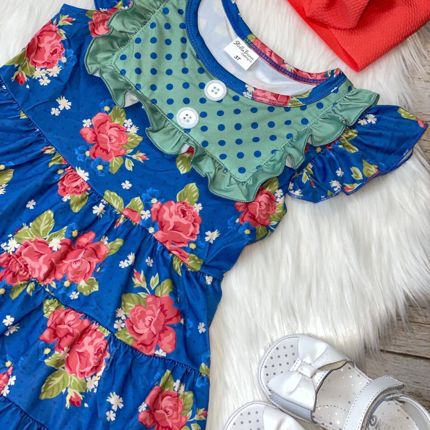 Blue and Coral Tiered Floral Dress