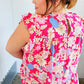 Fuchsia Floral Yoke Flutter Sleeve Back Neck Button Top