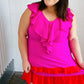 Fuchsia Ruffle V Neck Crepe Tiered Midi Dress