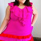 Fuchsia Ruffle V Neck Crepe Tiered Midi Dress