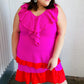 Fuchsia Ruffle V Neck Crepe Tiered Midi Dress