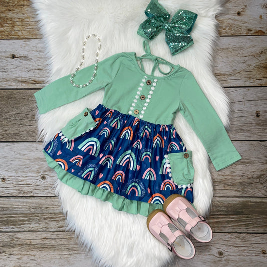 Green and Blue Boho Rainbow Pocket Dress