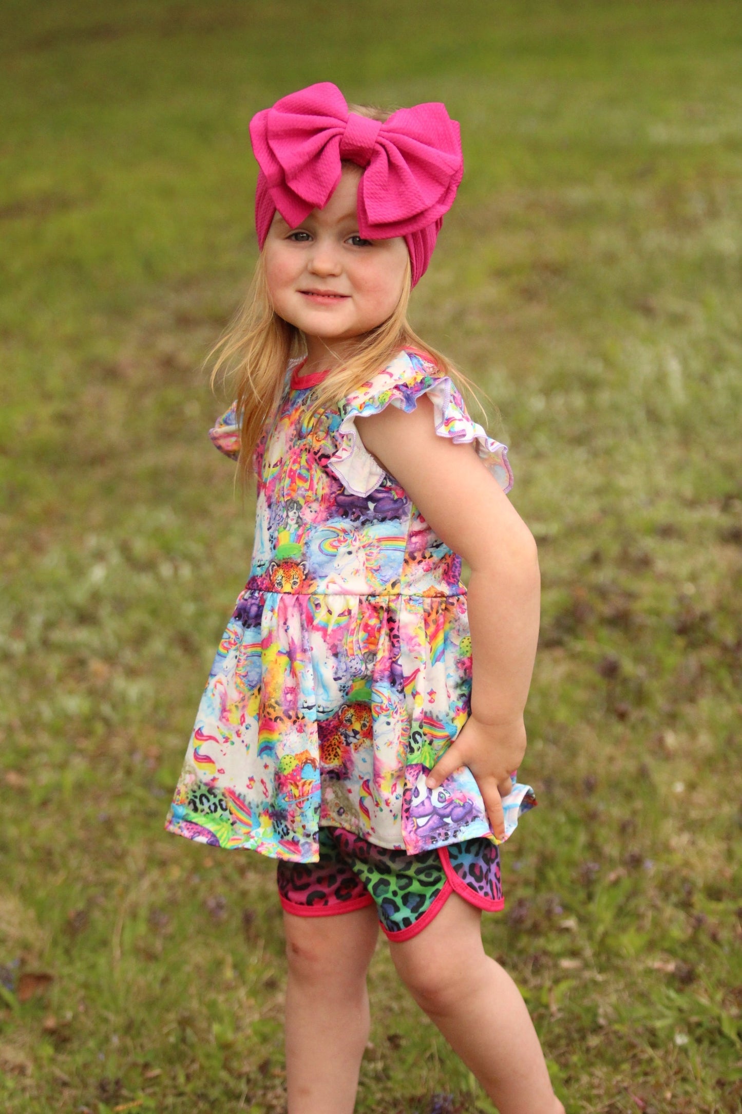 Pink Bright Animals Rainbow Flutter Sleeve Peplum Set