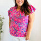 Eyes On You Fuchsia Boho Ikat Print Frill Notch Neck Top