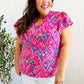 Eyes On You Fuchsia Boho Ikat Print Frill Notch Neck Top